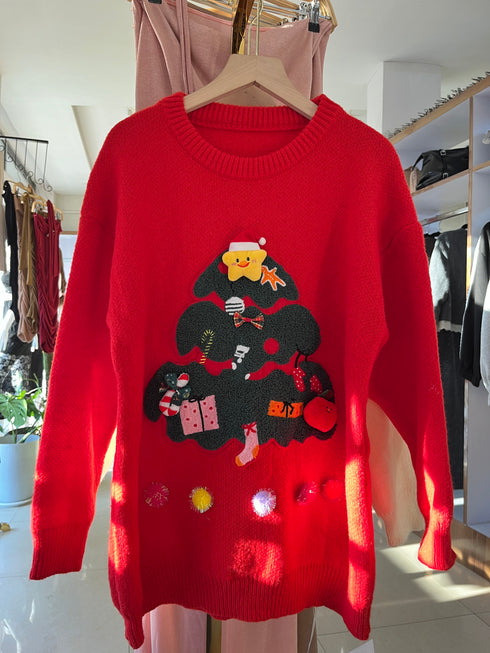 Christmas Tree Print Round Winter Pullover